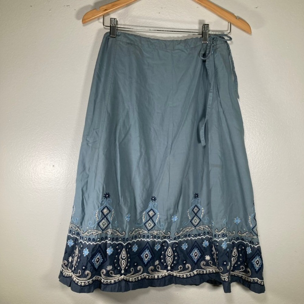 Prana Women Blue Embroidered Geometric Boho Midi Skirt Side Zip Tie Waist